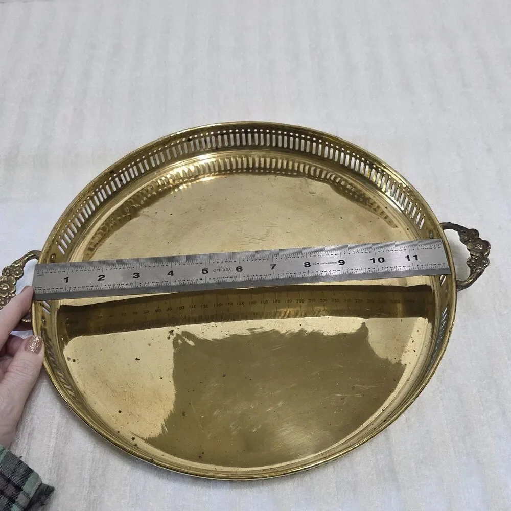 Vintage Brass Platter Serving Tray 12” W/ Ornate Flower Handles Made in India